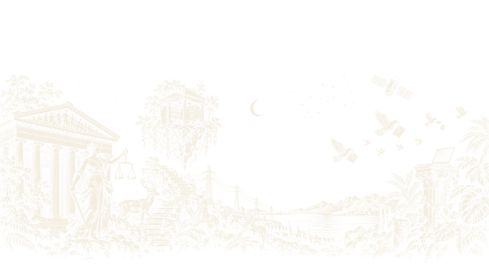 Gravure nocturne : un temple grec, Thémis et un cerf, une île flottante avec une bibliothèque, des pylônes, la mer, un satellite et des pigeons voyageurs.