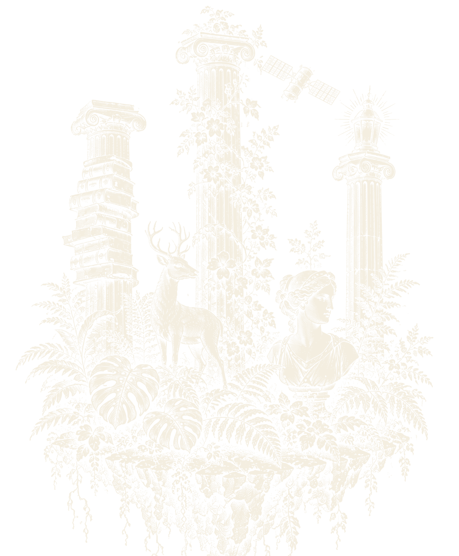 Gravure : trois colonnes (l'une couverte de livres, l'une fleurie, l'une portant une lanterne), un cerf, un buste de femme et un satellite sur une île flottante.